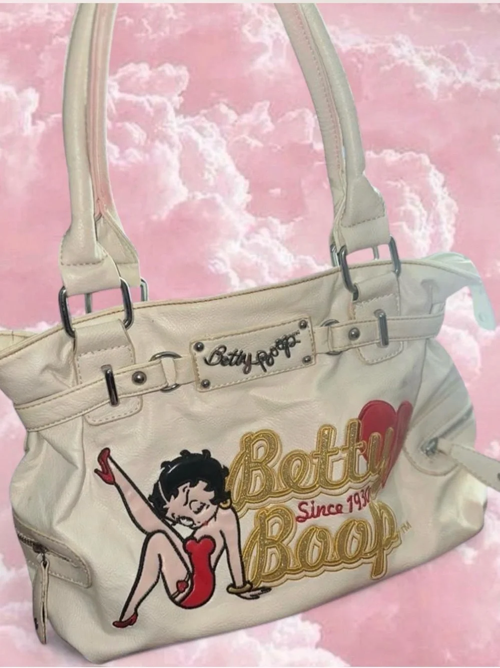 Betty Boop White Tote with Red Accent and Gold Embroidery